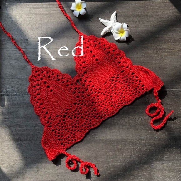 Tops - Red crochet backless knit halter summer crop top